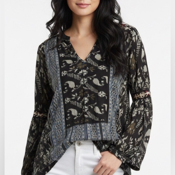 Lucky Brand Tops - Lucky Brand Boho Embroidered Bell Sleeve Tunic Top Black Gray Large